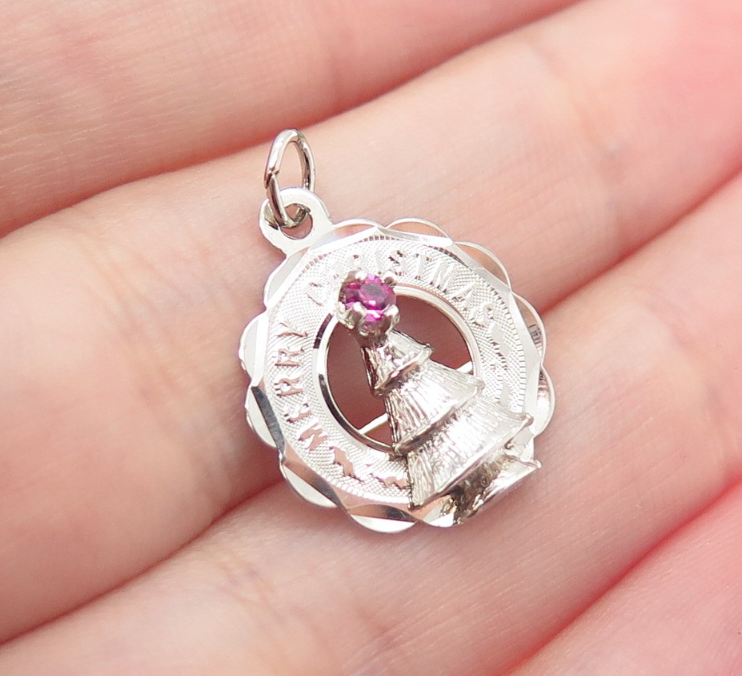CREA Sterling Silver Vintage Pink Rhinestone Merry Christmas Minimalist Pendant