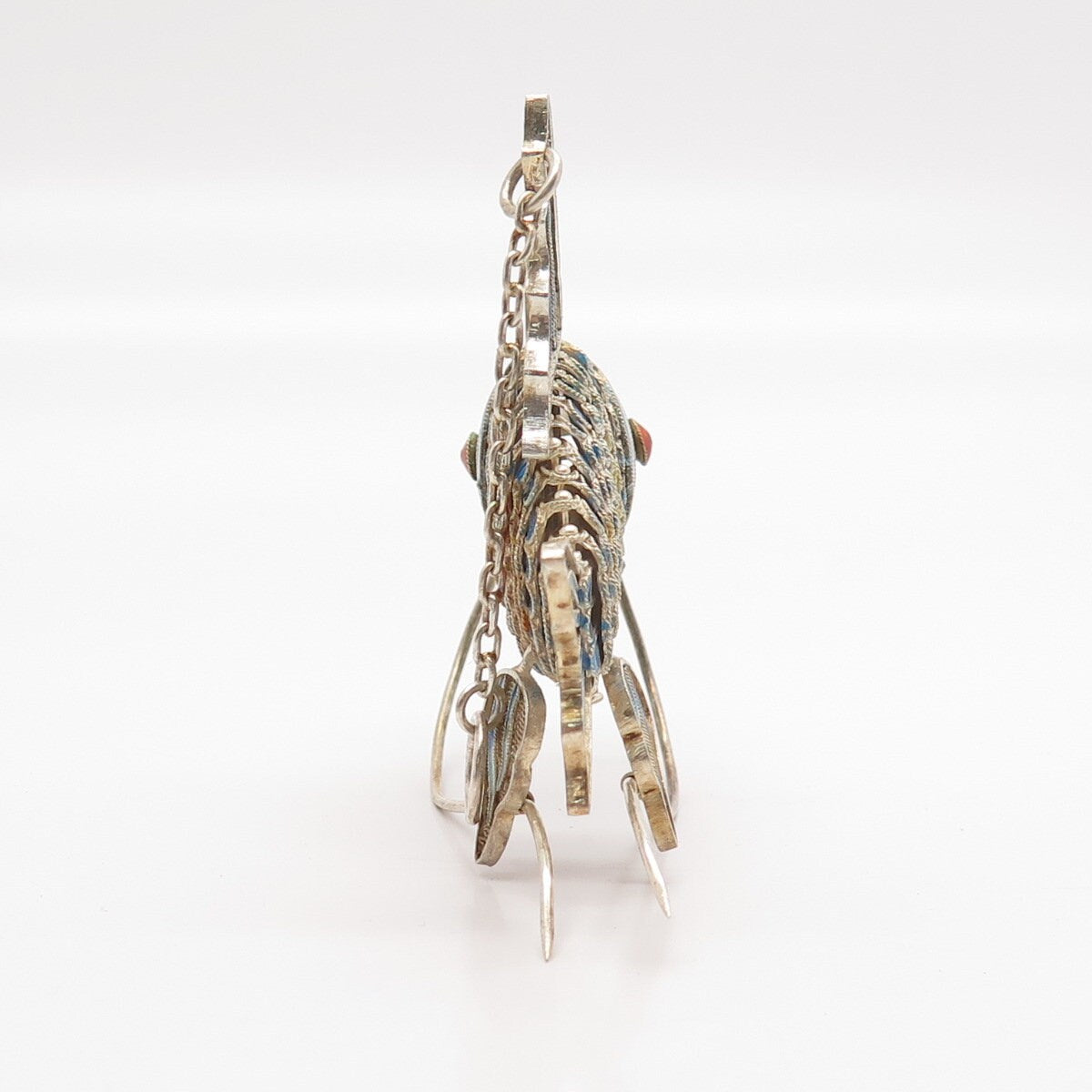 925 Sterling Silver Antique Enamel Chinese Koi Fish Articulated Chatelaine Fob