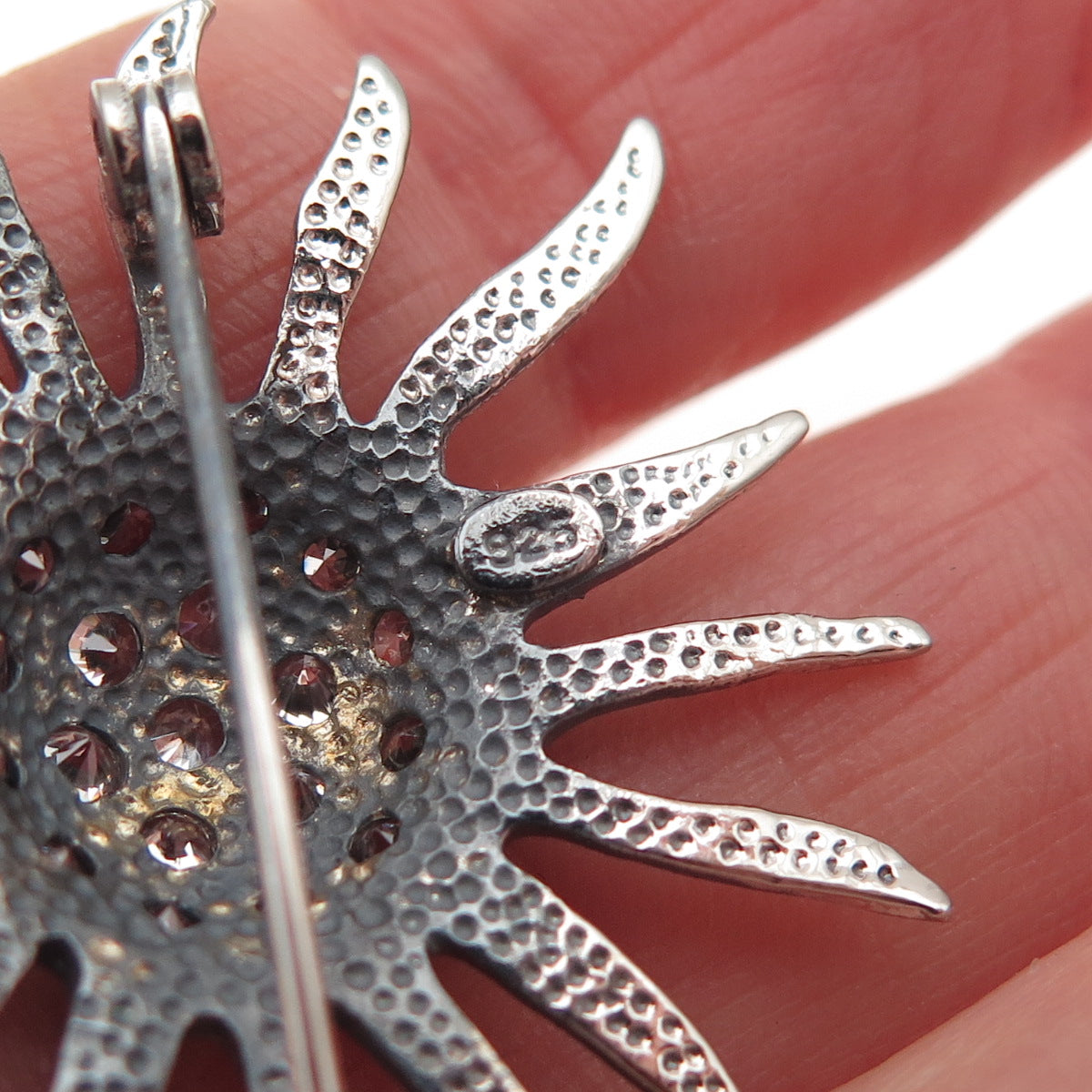 925 Sterling Silver Vintage Round-Cut C Z Modernist Floral Oxidized Pin Brooch