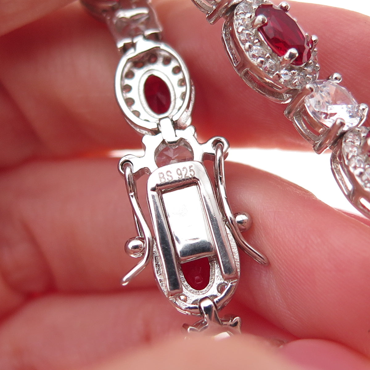 925 Sterling Silver Oval-Cut Red & Round-Cut White C Z Bracelet 7.25"