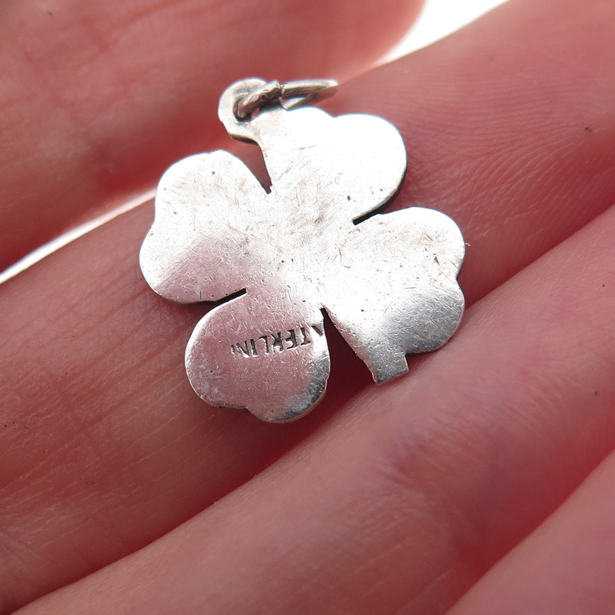 925 Sterling Silver Vintage Enamel Clover Good Luck Oxidized Charm Pendant