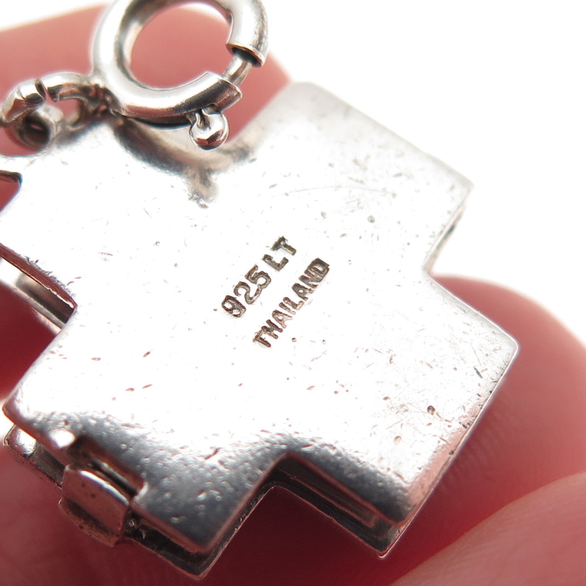 925 Sterling Vintage Real Red Jasper Cross Spring Ring Lock Locket Charm Pendant