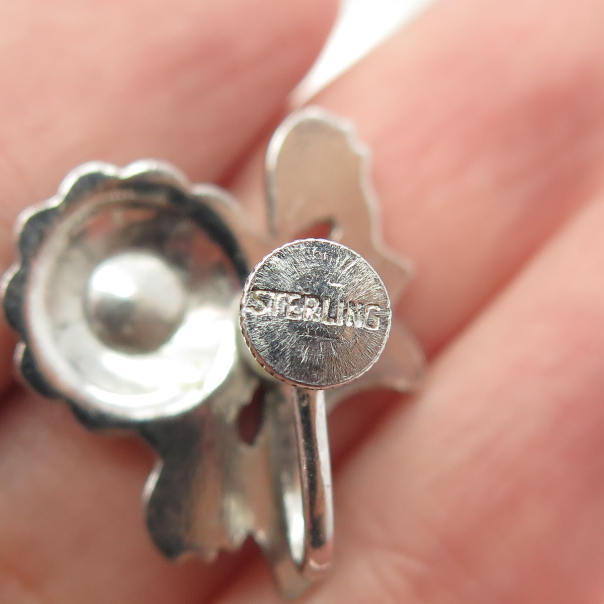 925 Sterling Silver Antique Art Deco Marcasite Gem Floral Screw Back Earrings