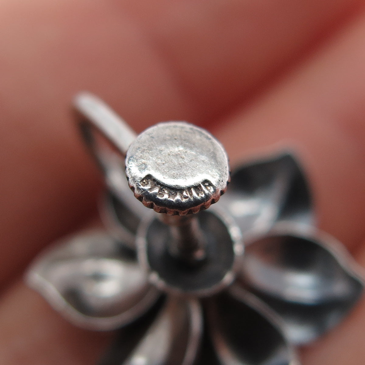 925 Sterling Silver Antique Art Deco Flower Oxidized Screw Back Earrings