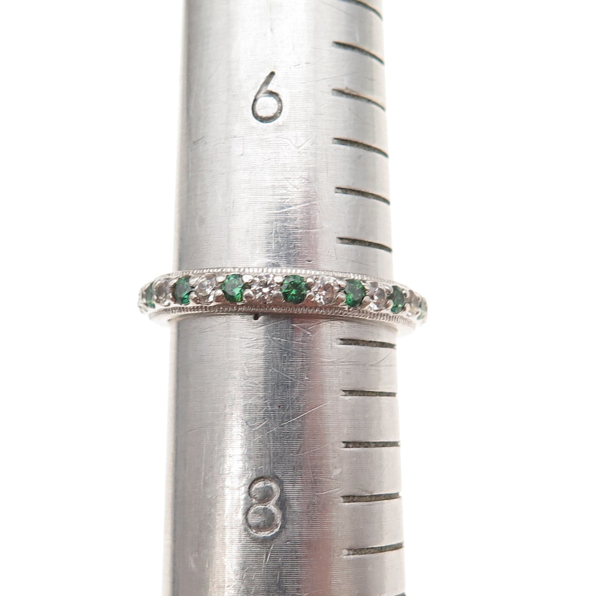 Tacori 925 Sterling Silver Green & White C Z Eternity Band Ring Size 7.25