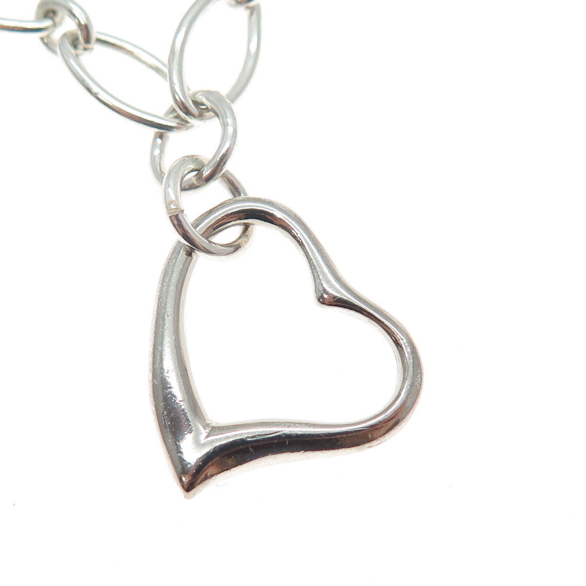 925 Sterling Silver Vintage Italy Heart Dangle Charm Oval Link Bracelet 7.25"