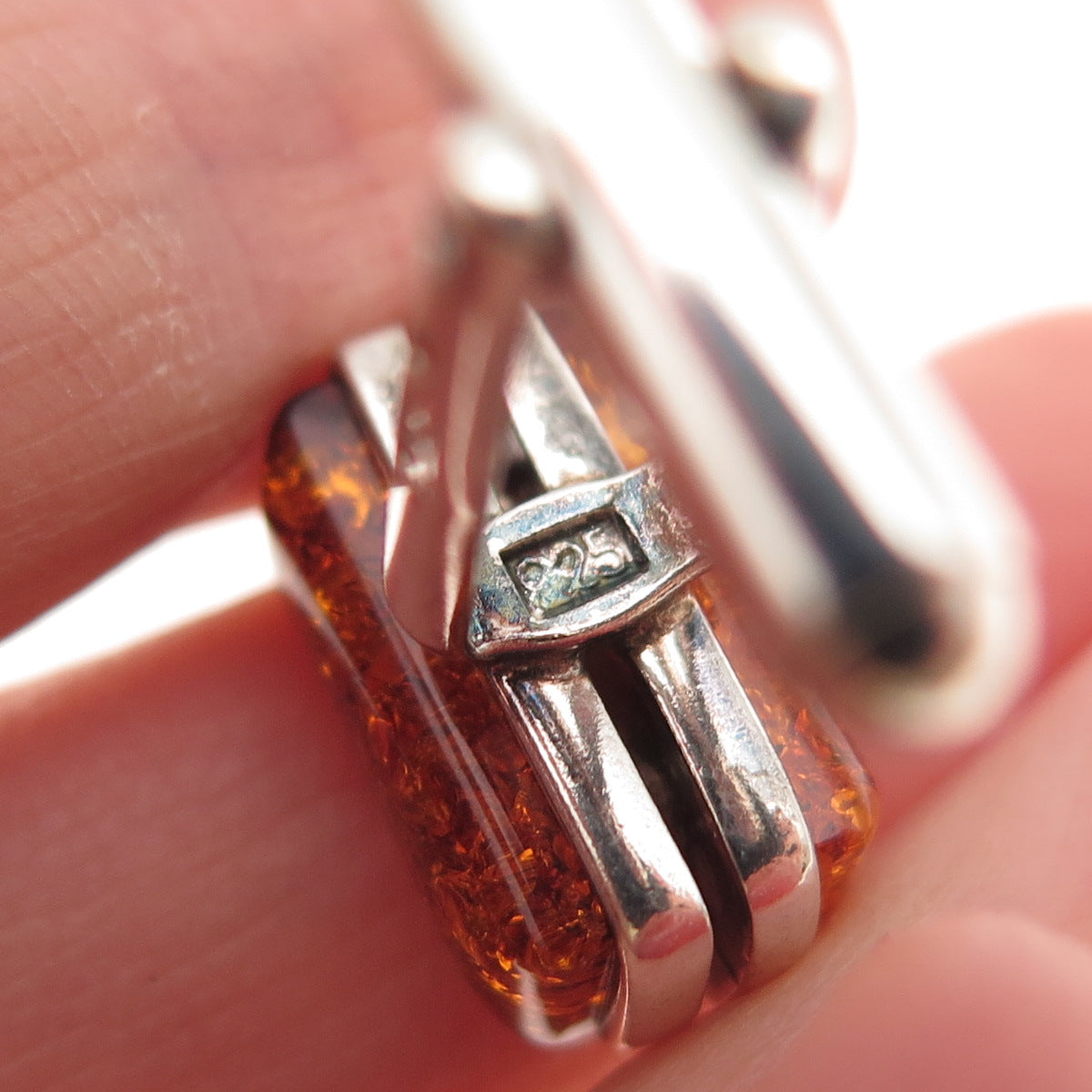 925 Sterling Silver Vintage JV Poland Real Amber Modernist Cufflinks
