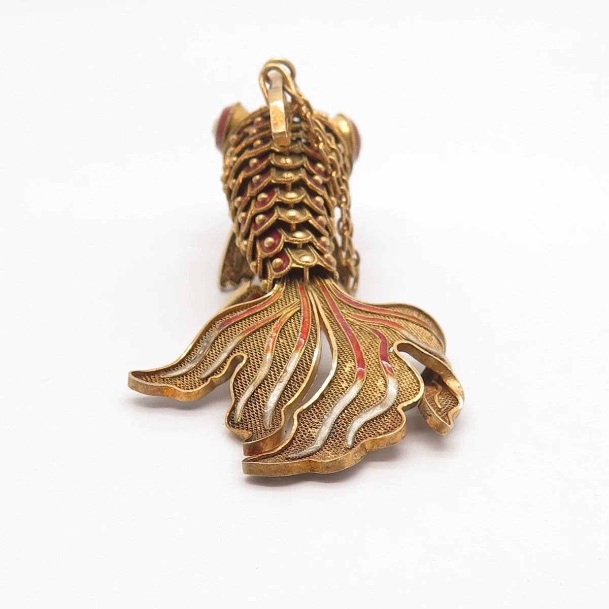 925 Sterling Silver Gold Plated Antique Enamel Chinese Koi Fish Chatelaine Fob