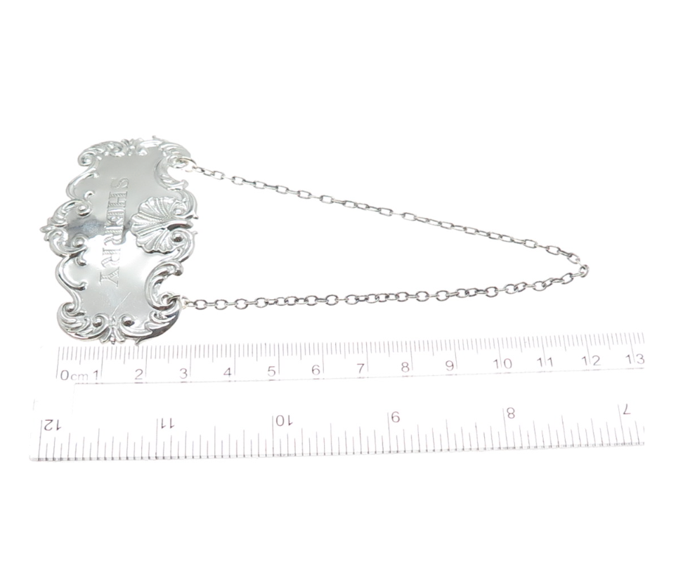 925 Sterling Silver Antique Art Deco Sherry Repousse Bottle Tag #350