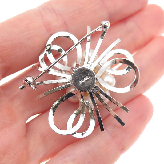 925 Sterling Silver Antique Art Deco Real Akoya Pearl Floral Pin Brooch