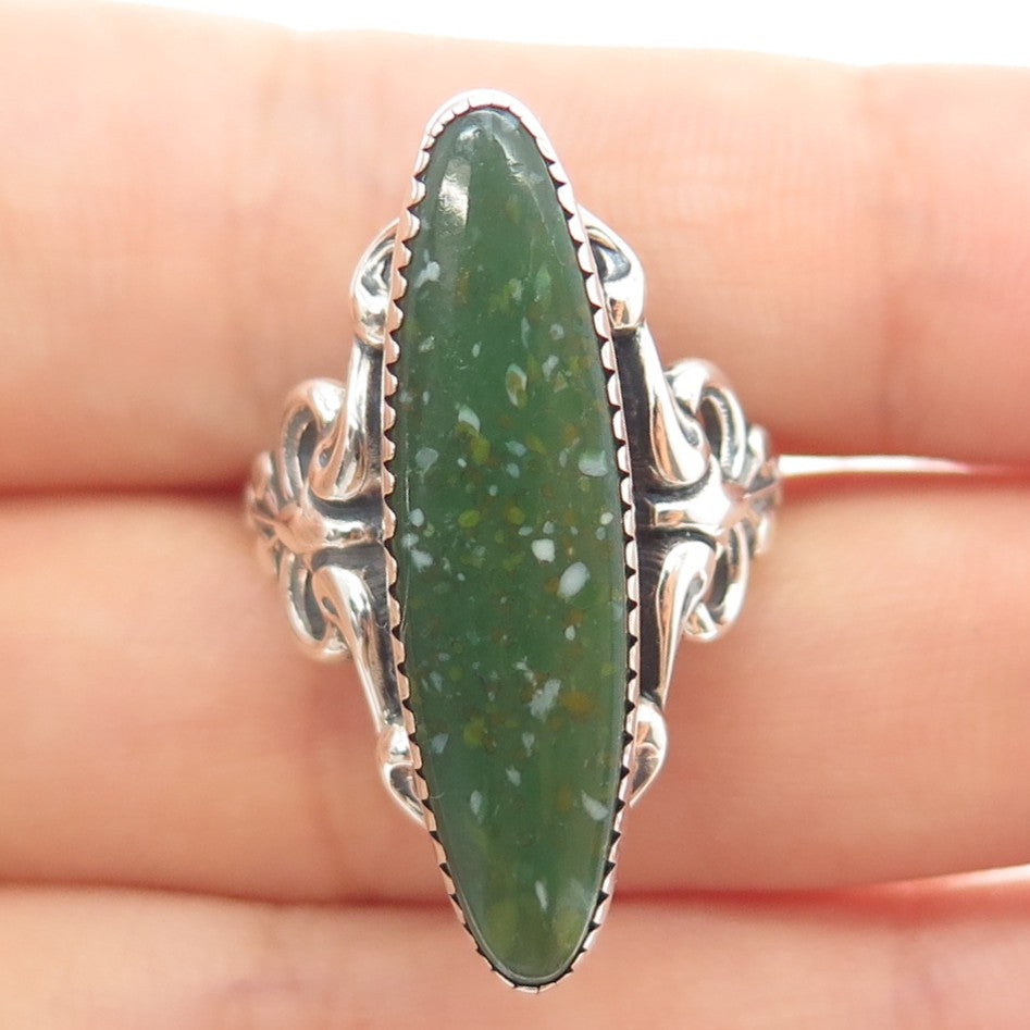 925 Sterling Silver Antique Art Deco Real Serpentine Ornate Ring Size 7