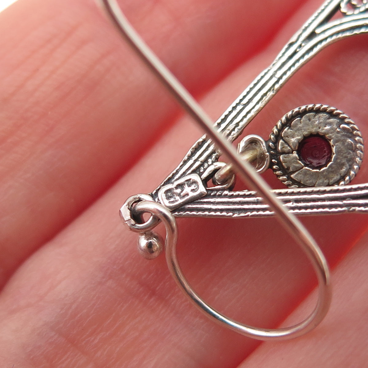 925 Sterling Silver Vintage Real Rhodolite Filigree Teardrop Dangle Earrings