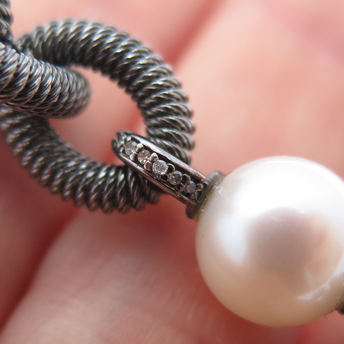 925 Sterling Silver Black Rhodium Vintage Real Diamond Pearl Chain Necklace 32"