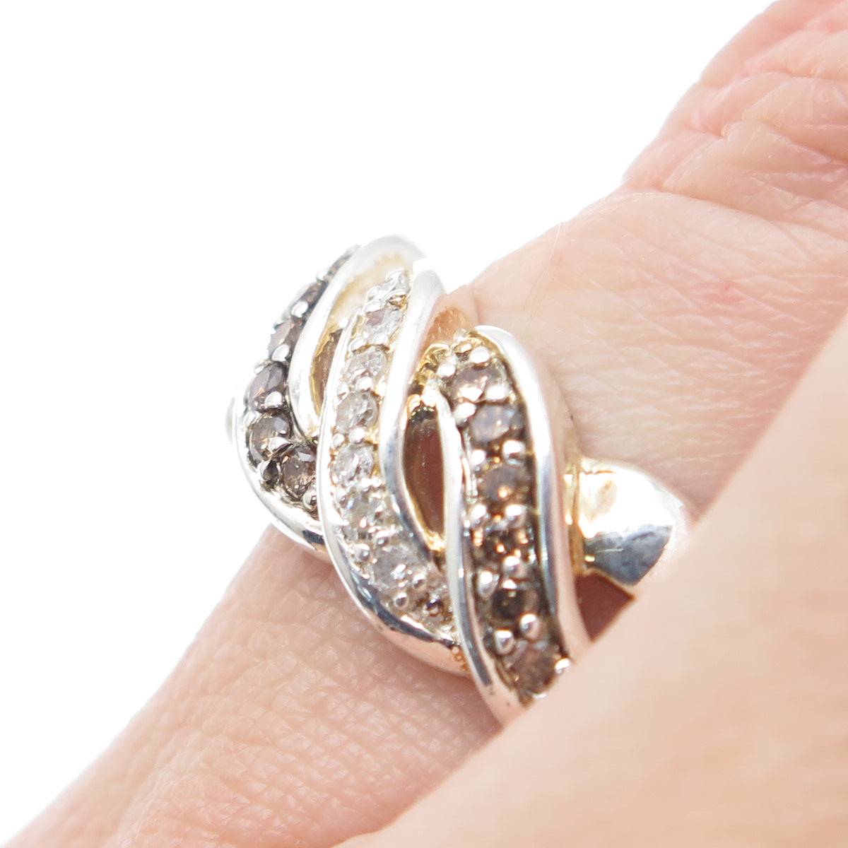 MICHELLE ALBALA 925 Sterling Silver Real Cognac & White Diamond Ring Size 6.25