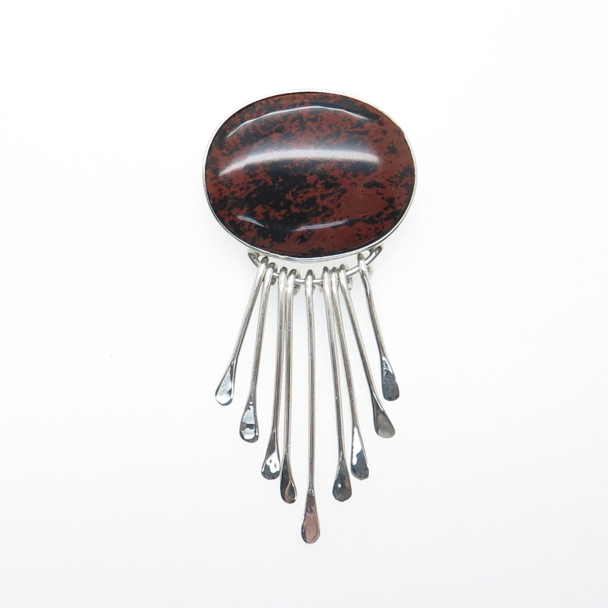 925 Sterling Vintage Mexico Real Mahogany Obsidian Modernist Pin Brooch Pendant