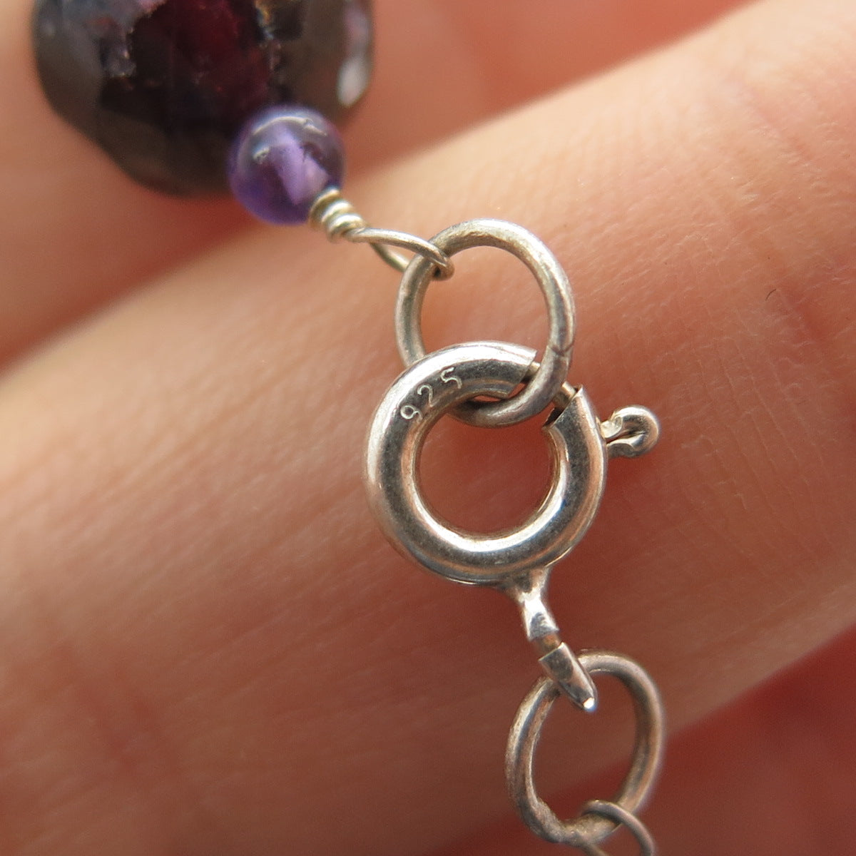 925 Sterling Silver Vintage Real Red Garnet & Amethyst Beaded Chain Necklace 16"