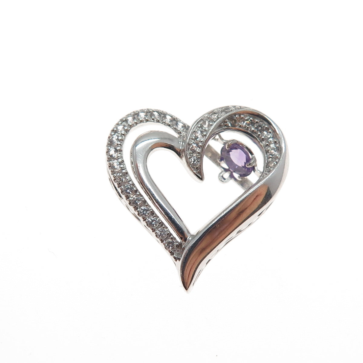 925 Sterling Silver Real Amethyst & White Topaz Heart Minimalist Slide Pendant