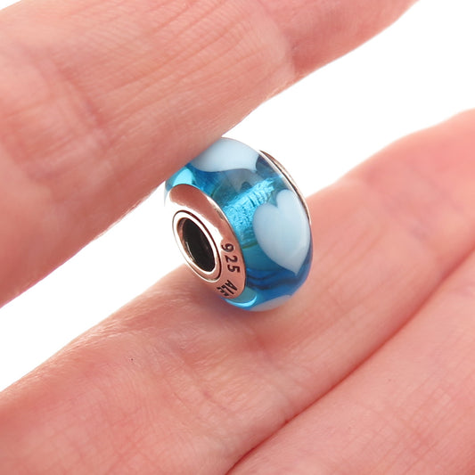 Pandora 925 Sterling Silver Blue Murano Glass Heart Slide Bead Charm