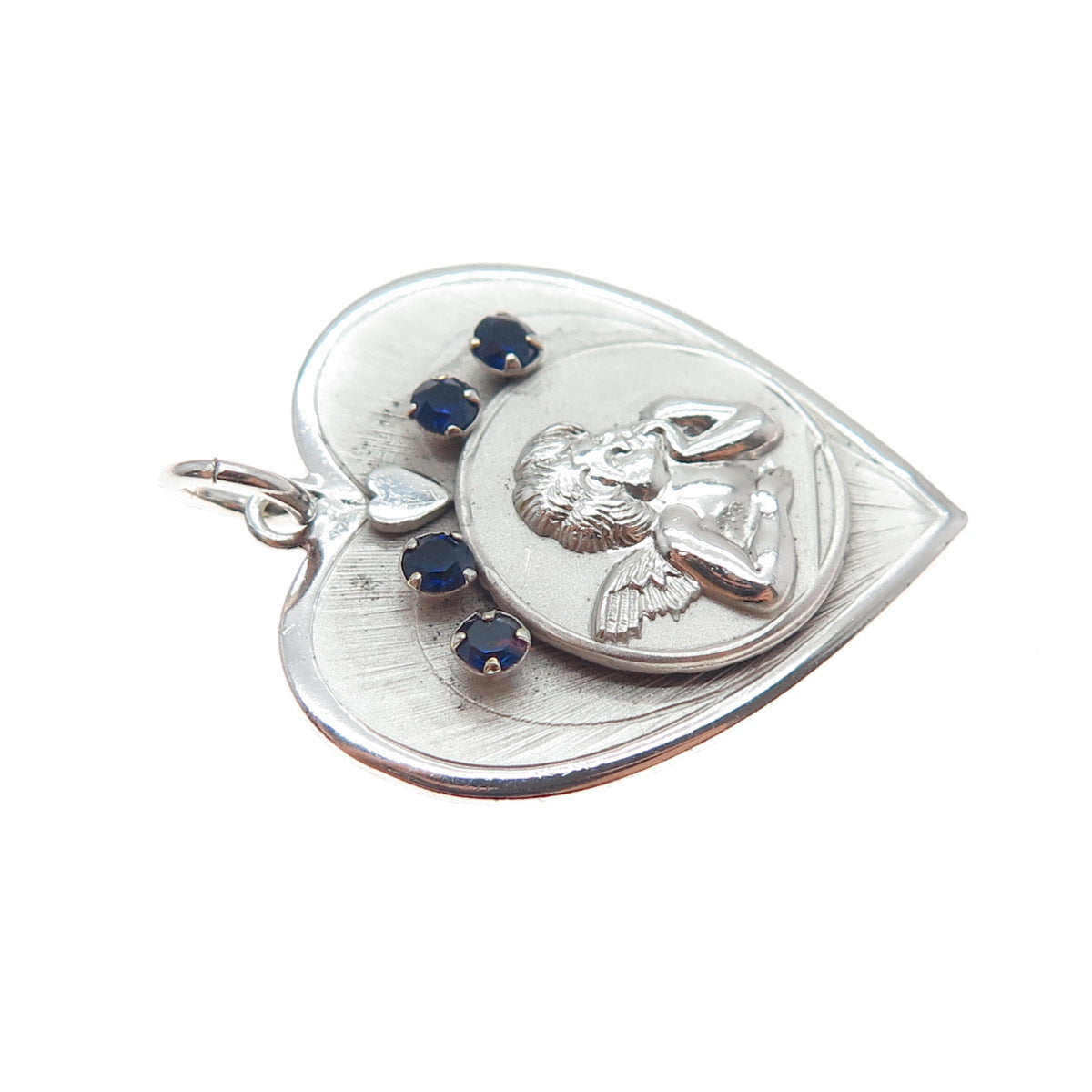 RICHARDSON KING CO. Sterling Silver Vintage Real Sapphire Cherub Heart Pendant