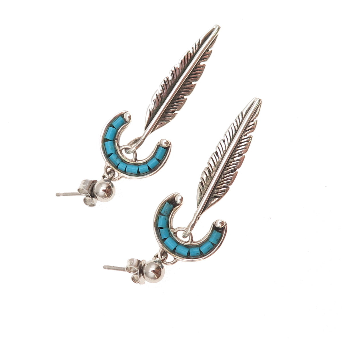 Old Pawn 925 Sterling Silver Vintage Turquoise Feather Tribal Dangle Earrings