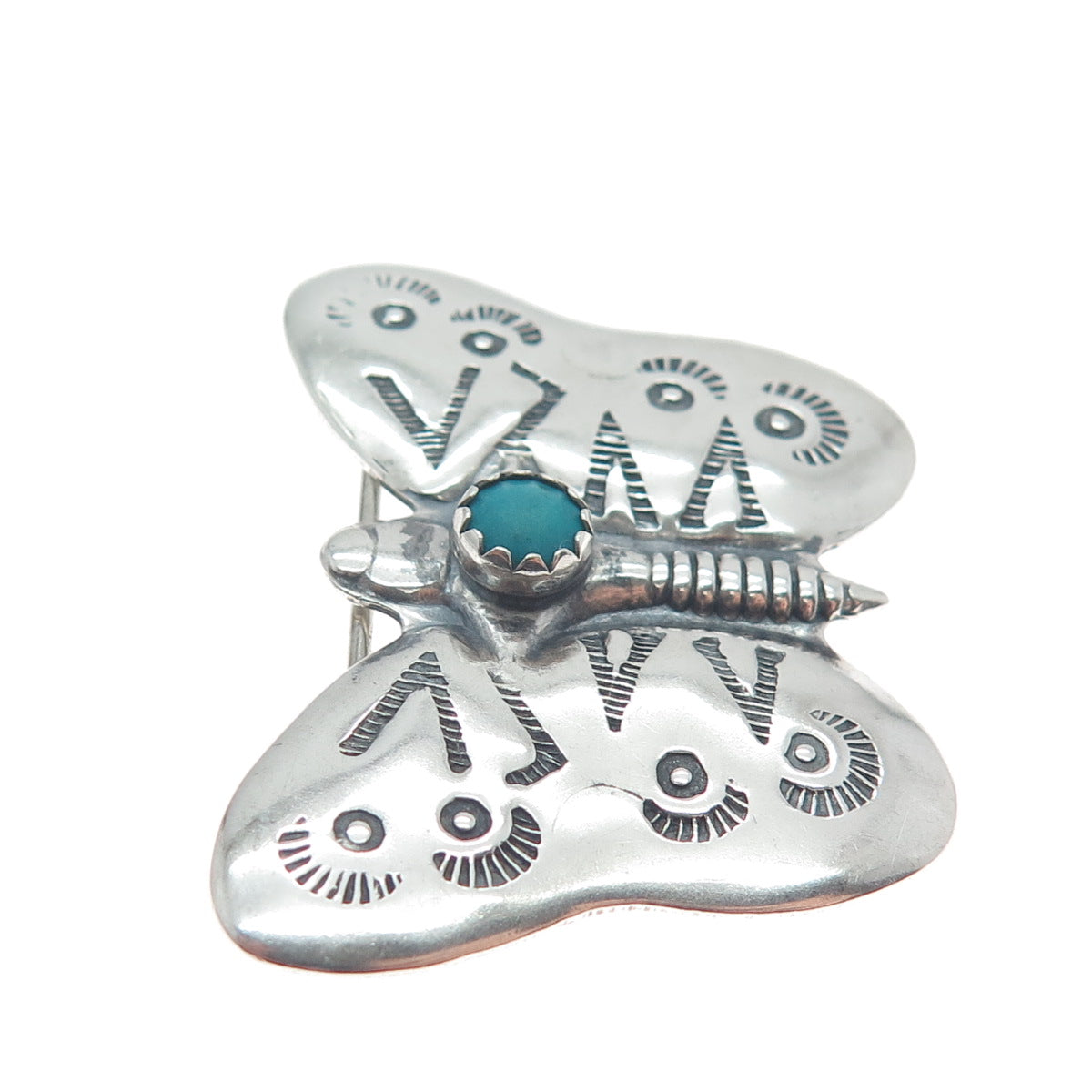 Old Pawn Sterling Silver Vintage Turquoise Butterfly Oxidized Tribal Pin Brooch