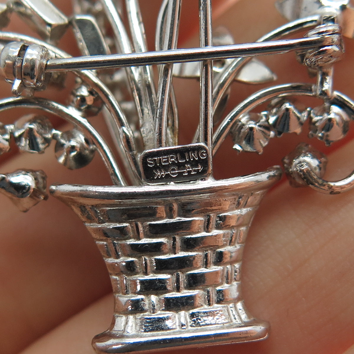 CARL ART Sterling Silver Antique Art Deco Rhinestone Flower Bouquet Pin Brooch