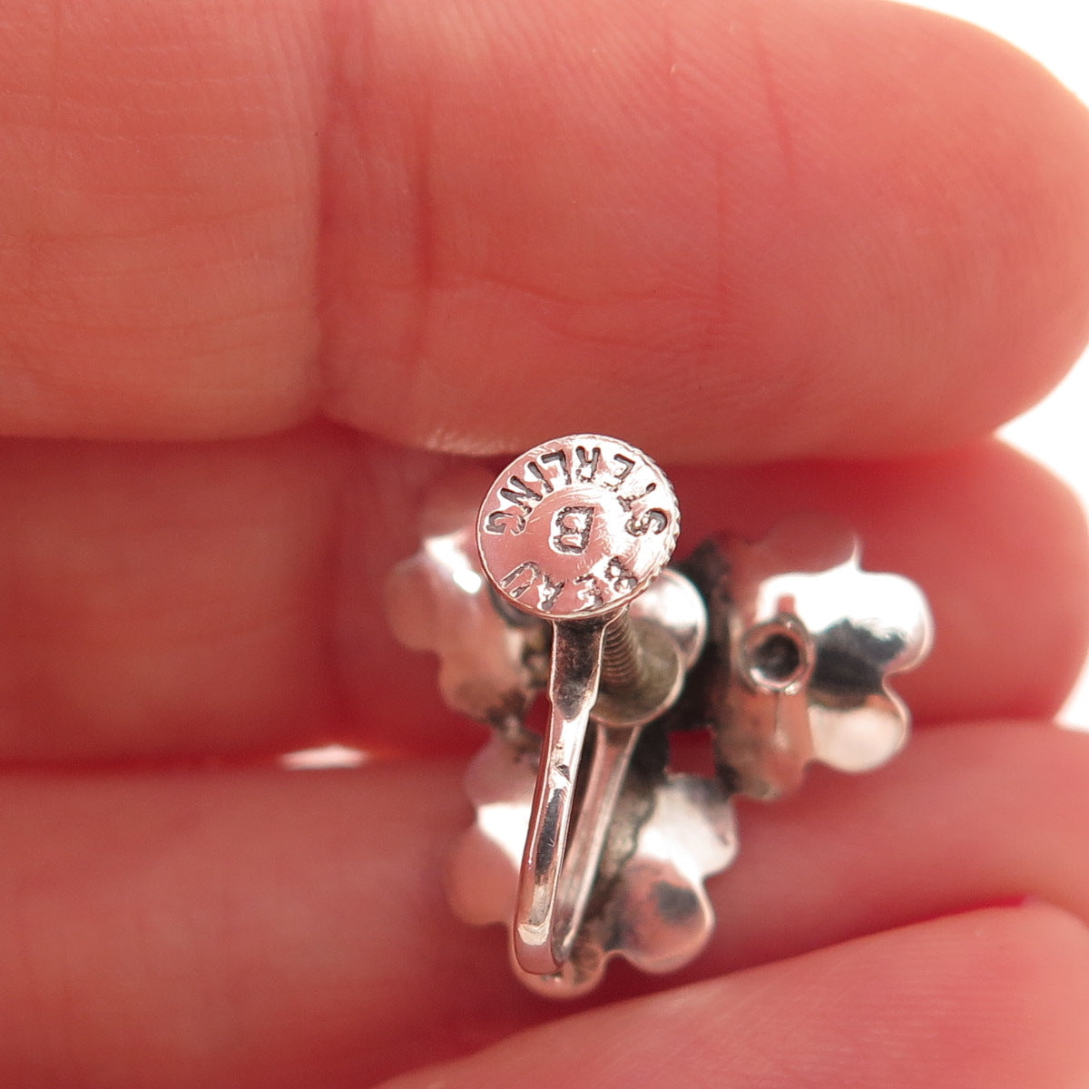 Beau 925 Sterling Silver Antique Art Deco Floral Oxidized Screw Back Earrings