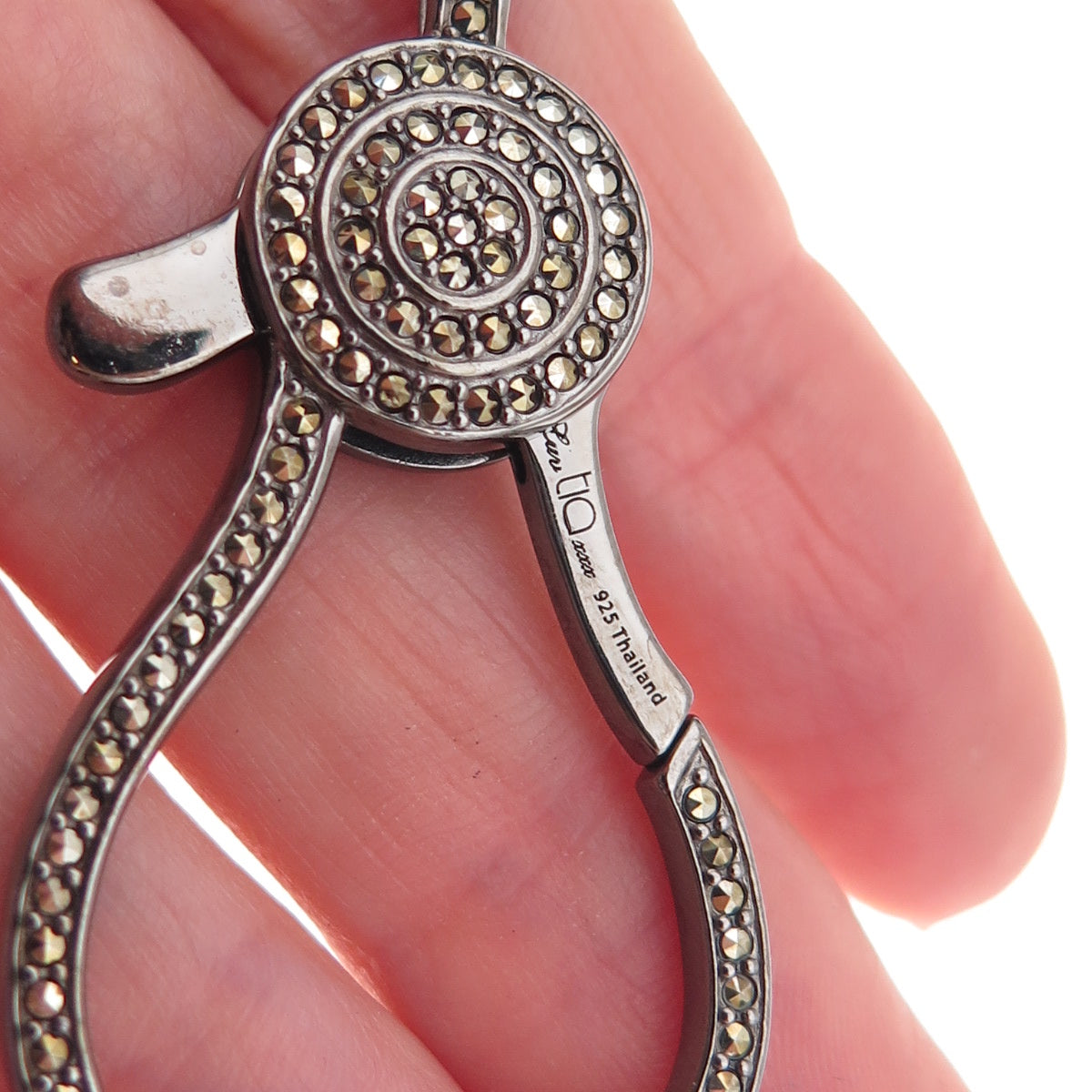 Luv Tia 925 Sterling Silver Black Rhodium Real Marcasite Carabiner Lobster Clasp