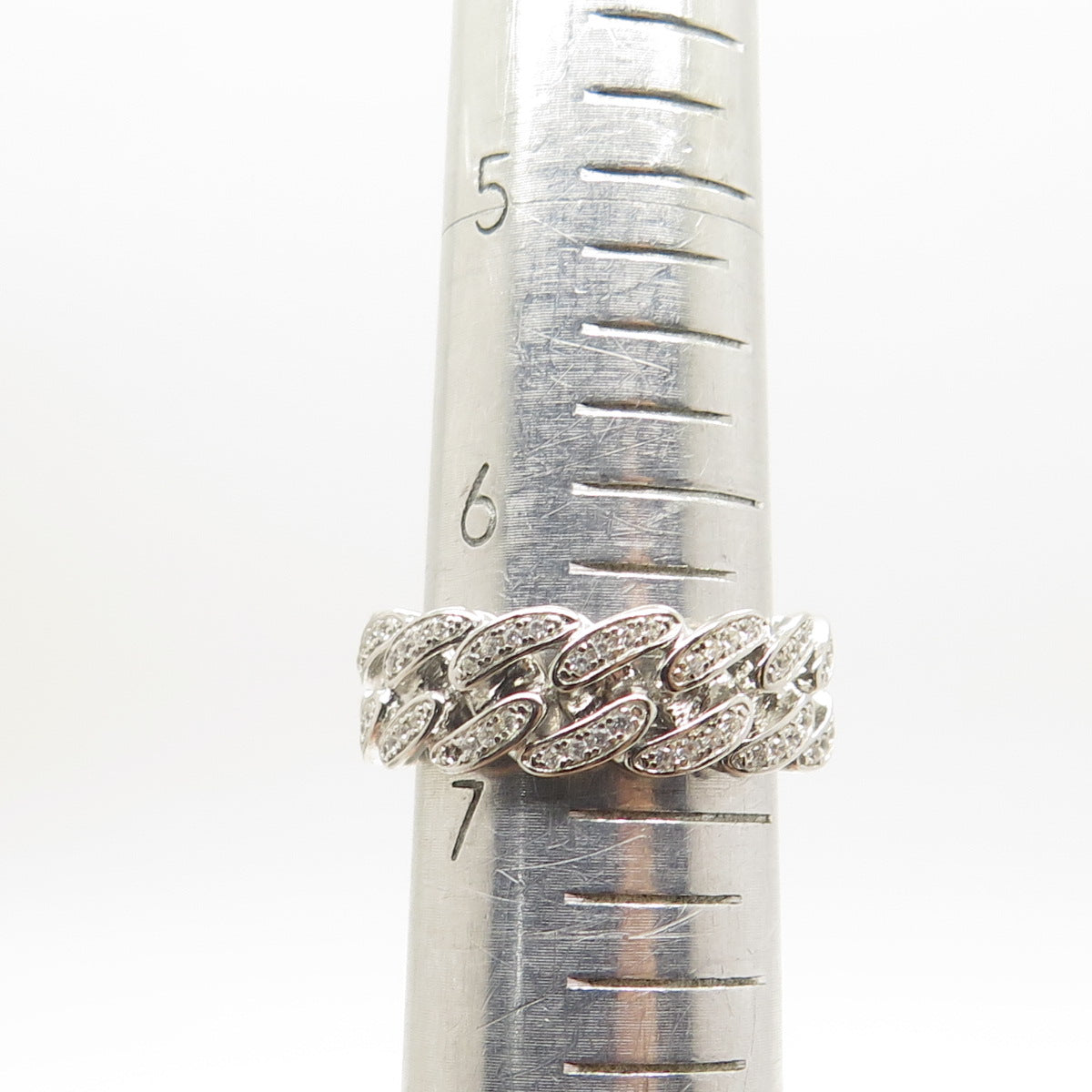 925 Sterling Silver Pave C Z Cuban Chain Band Ring Size 7