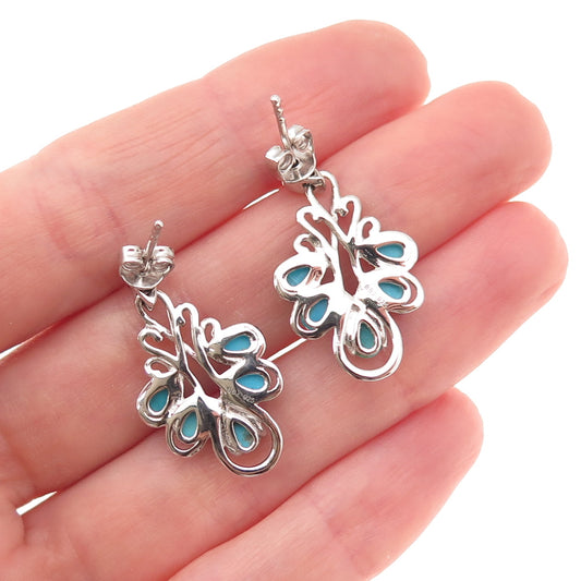 925 Sterling Silver Real Sleeping Beauty Turquoise Floral Dangle Earrings