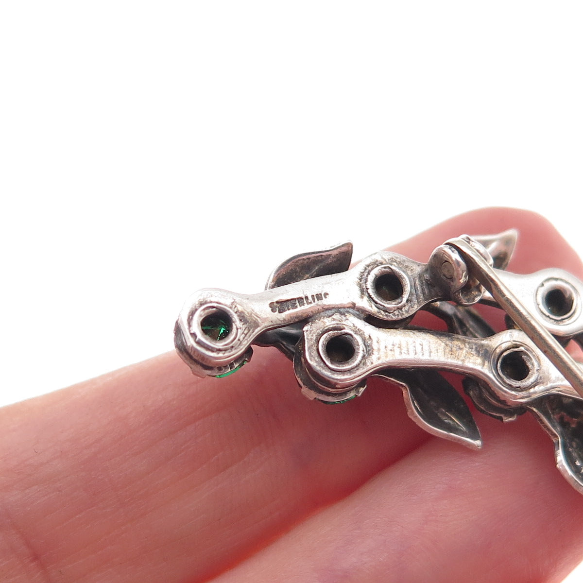 925 Sterling Silver Antique Art Deco Green Rhinestone Floral Pin Brooch