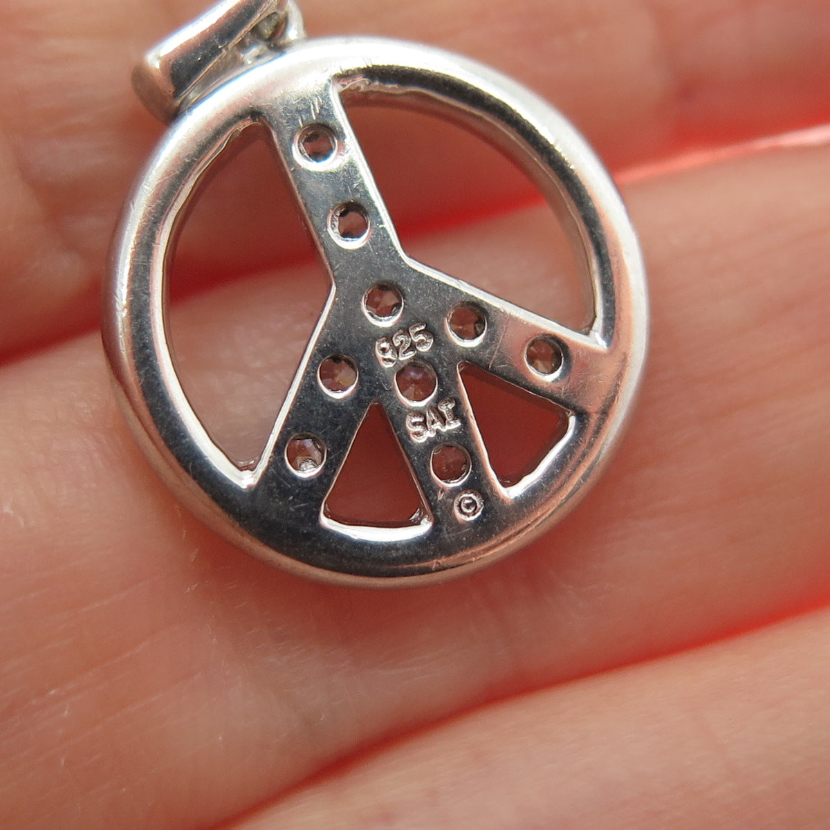 SAI 925 Sterling Silver Round-Cut C Z Peace Symbol Minimalist Charm Pendant