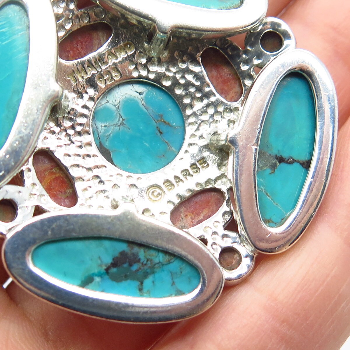 925 Sterling Silver Vintage BARSE Real Turquoise & Jasper Gemstone Pendant