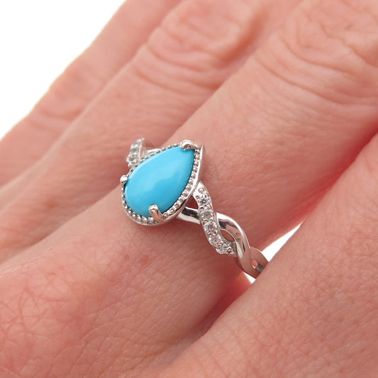 D'Joy 925 Sterling Real Sleeping Beauty Turquoise & White Topaz Ring Size 8.25