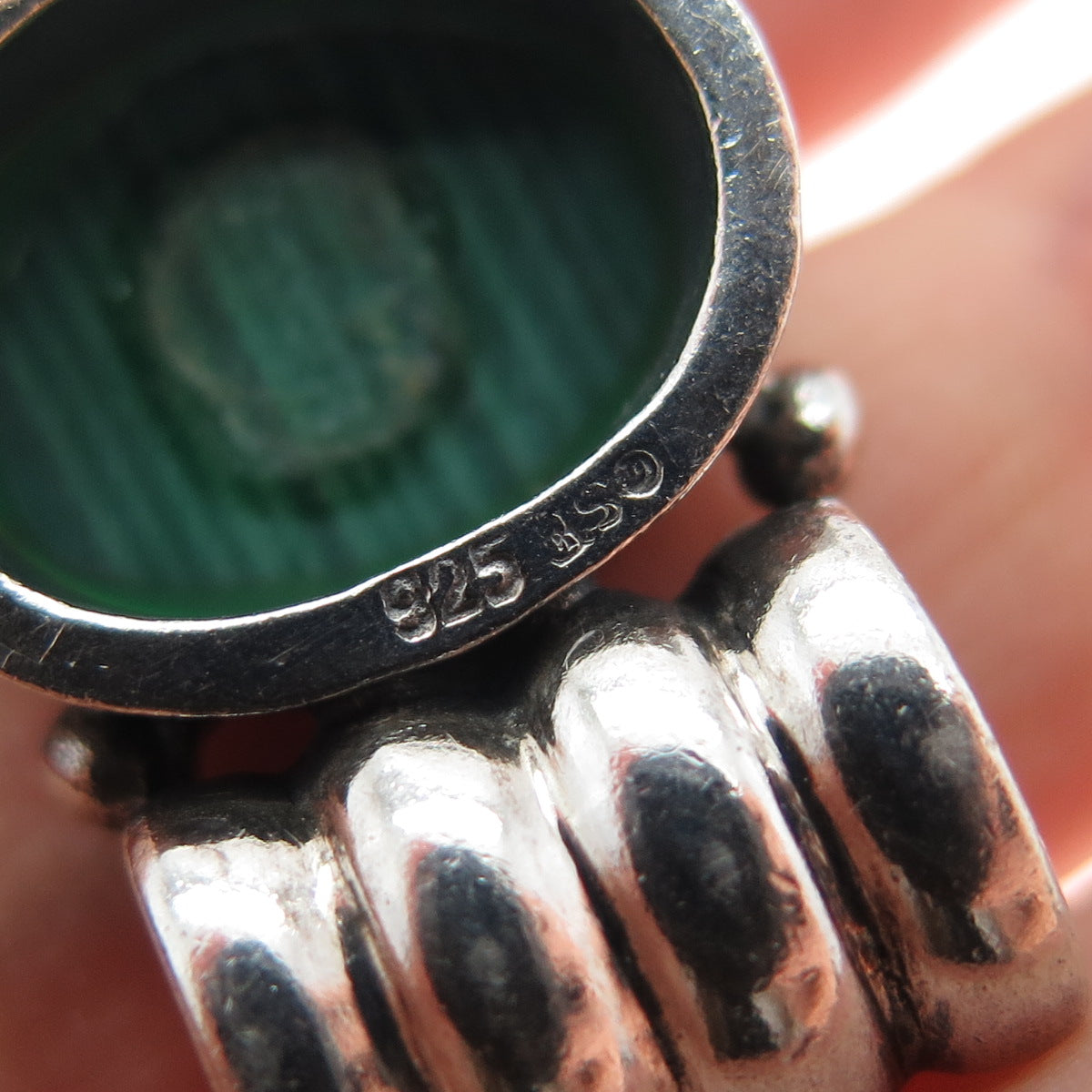 925 Sterling Silver Vintage Real Cabochon Malachite Oxidized Slide Pendant