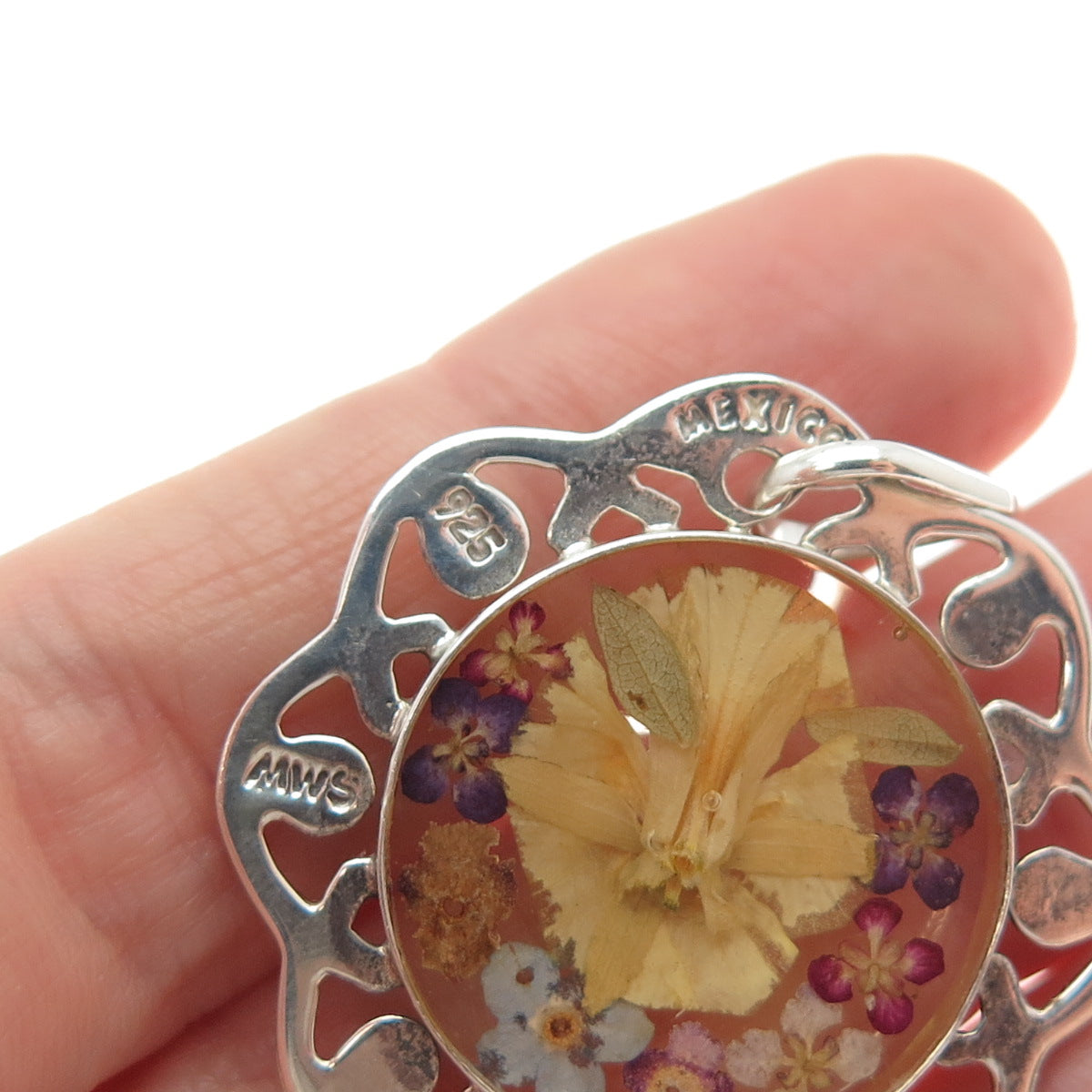 MWS Mark Wasserman Samara Sterling Silver Vintage Mexico Pressed Flower Pendant
