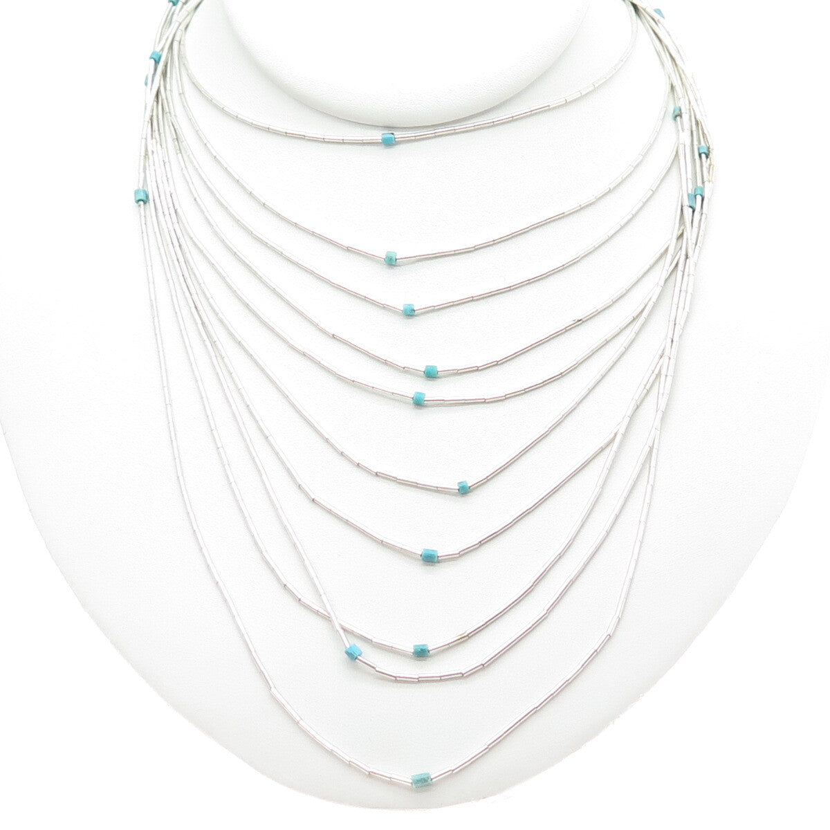 Old Pawn 925 Sterling Vintage Turquoise Multi-Strand Liquid Chain Necklace 16"