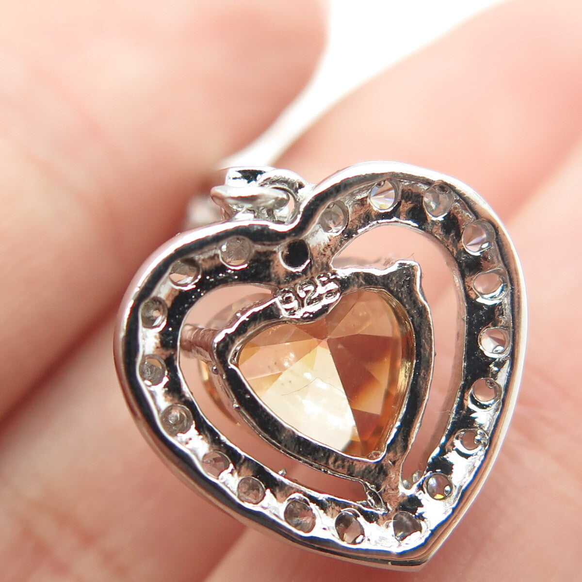 925 Sterling Silver Heart & Round-Cut Champagne White C Z Chain Necklace 18"