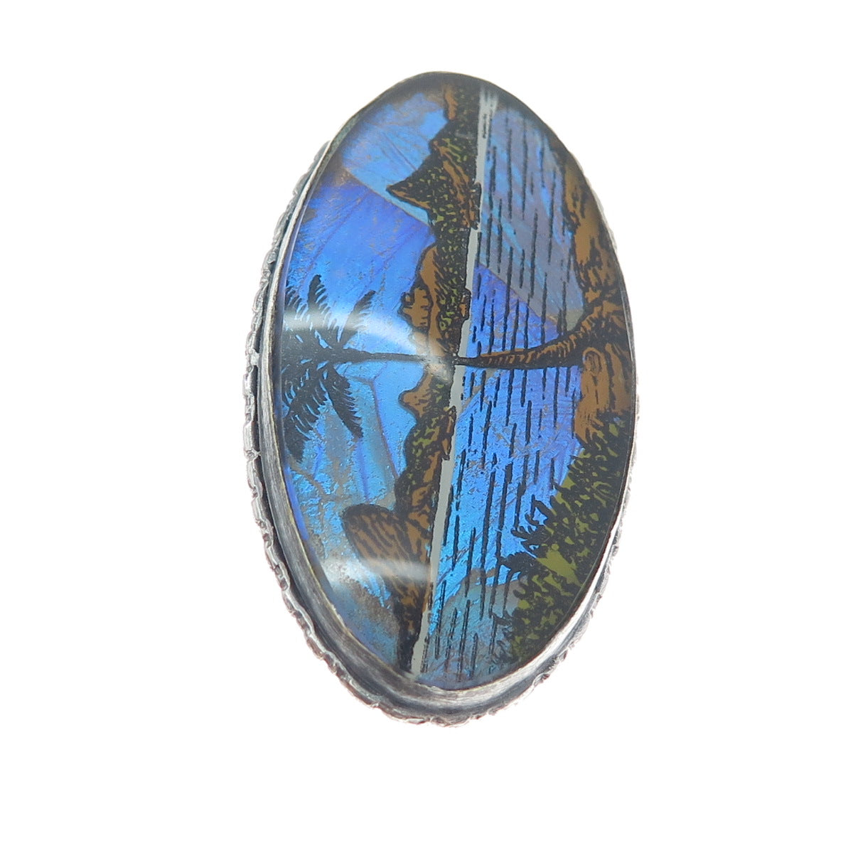 925 Sterling Silver Antique Art Deco Monarch Butterfly Wing Landscape Pin Brooch
