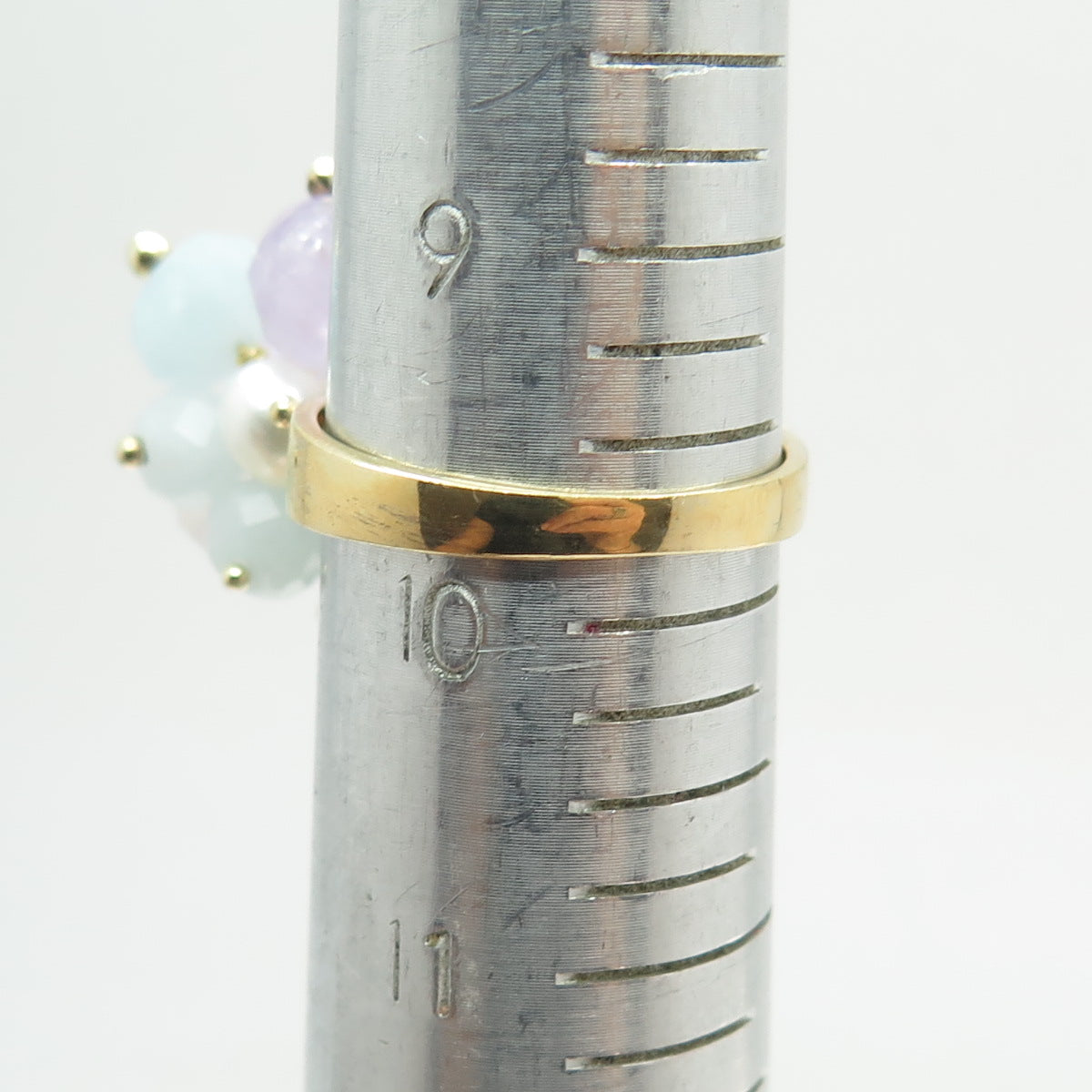 DALIA 925 Sterling Gold Plated Pearl Quartz Amethyst & Aquamarine Ring Size 9.75