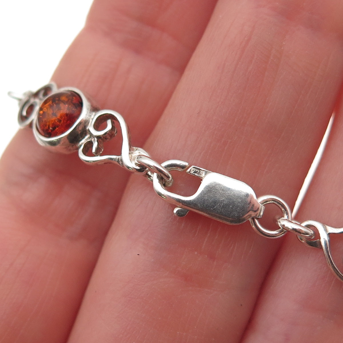 925 Sterling Silver Vintage Real Amber Heart Oxidized Bracelet 6.75"