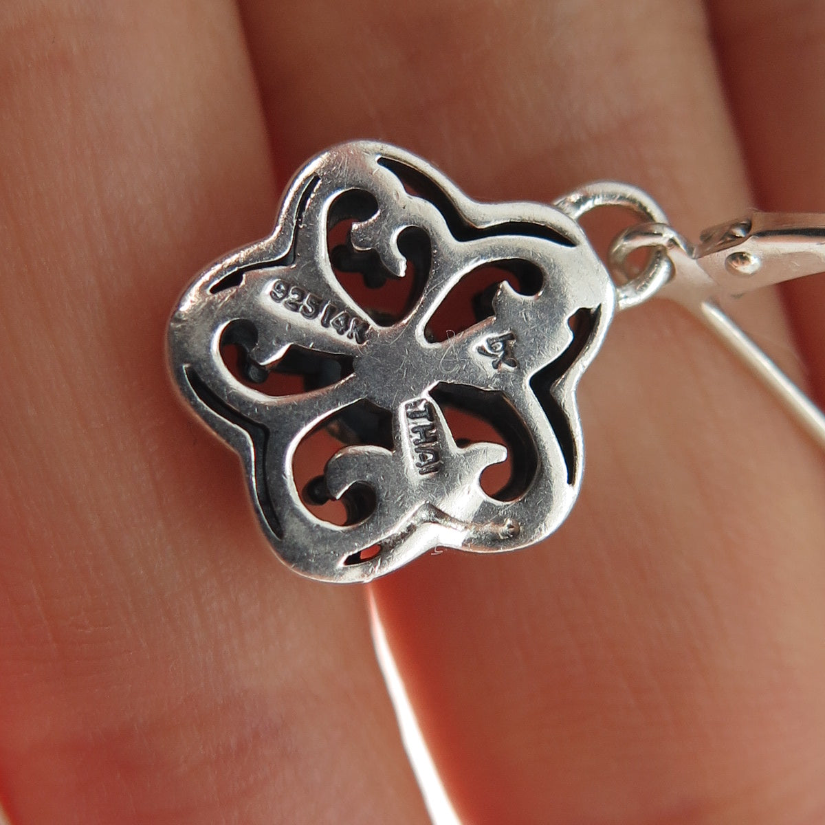 925 Sterling Silver 14K Gold Real Round-Cut Diamond Flower Dangle Earrings