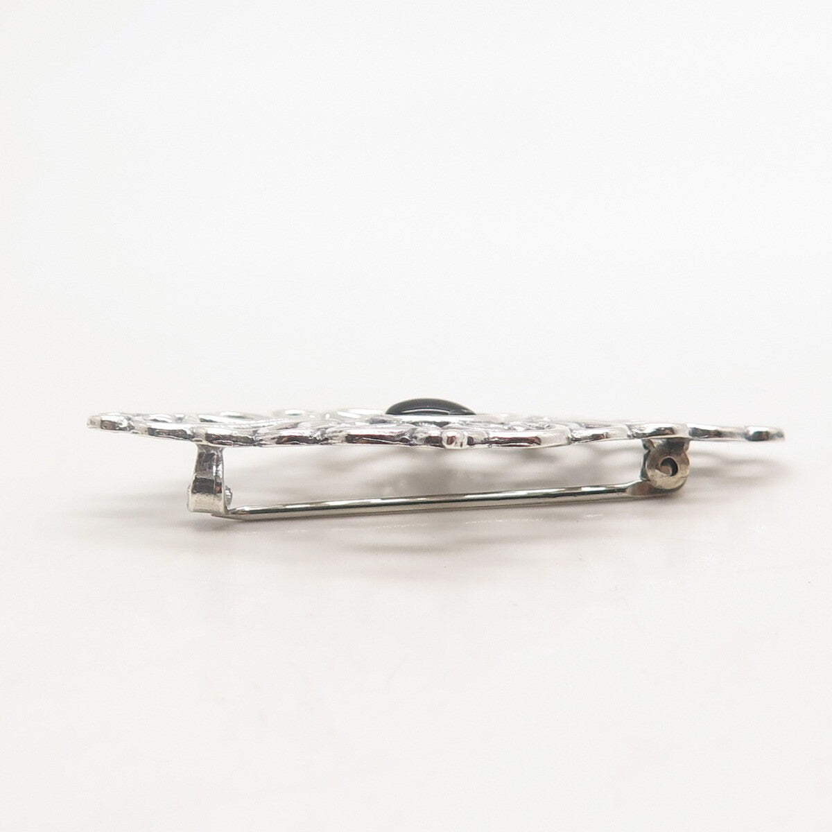 925 Sterling Silver Vintage Real Black Onyx Gem Ornate Pin Brooch