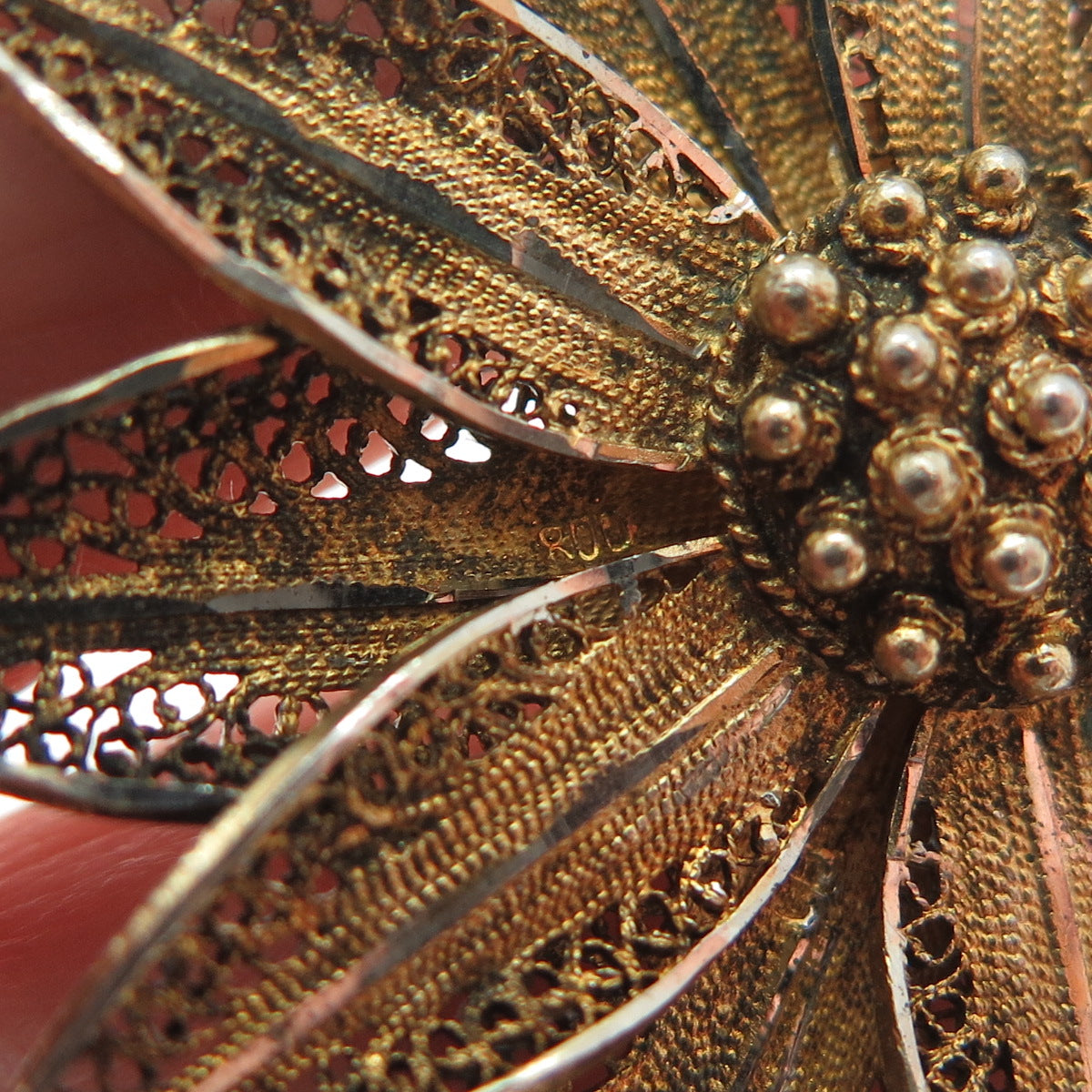 800 Silver Gold Plated Vintage Flower Filigree Pin Brooch