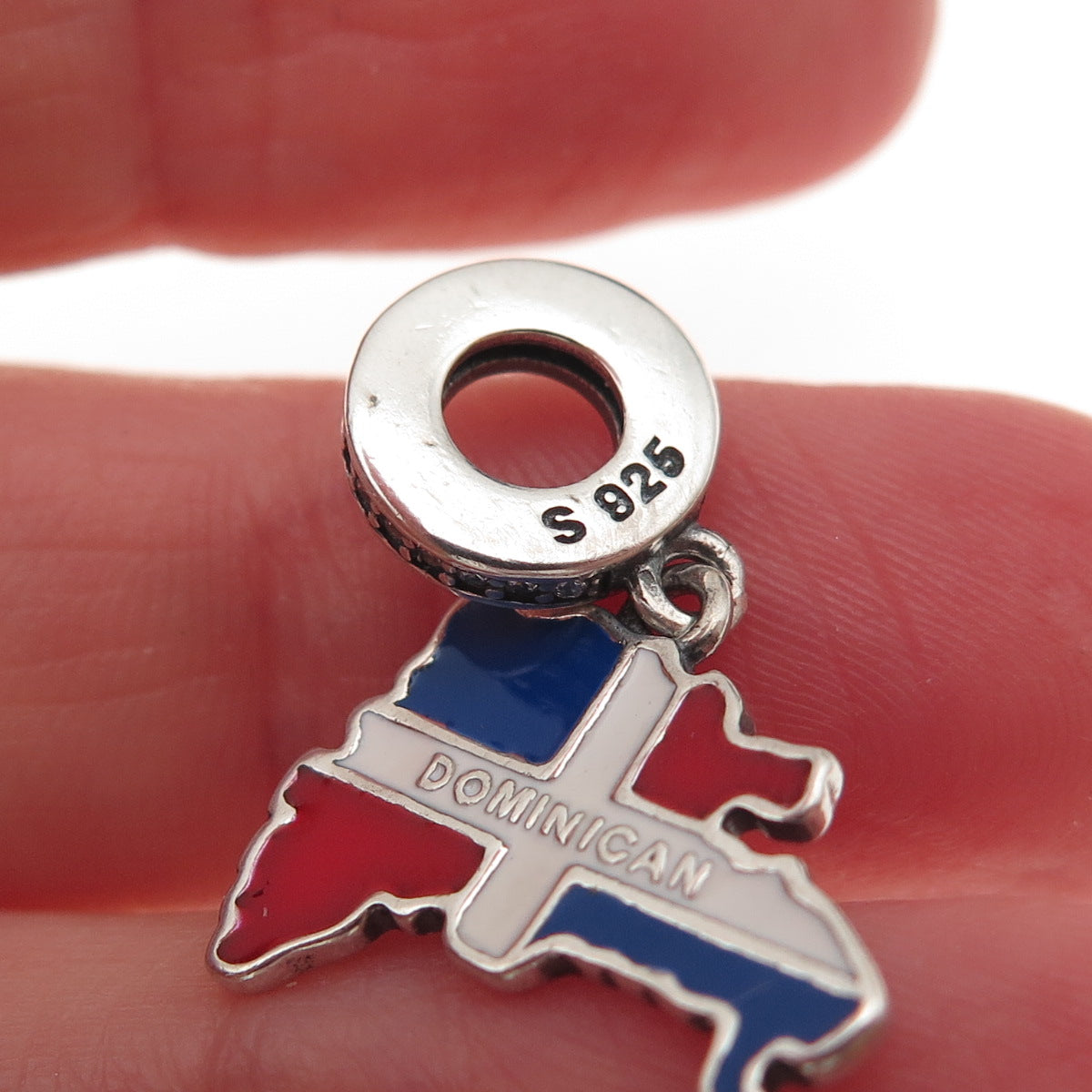 925 Sterling Silver C Z & Enamel Dominican Republic Flag / Map Dangle Charm