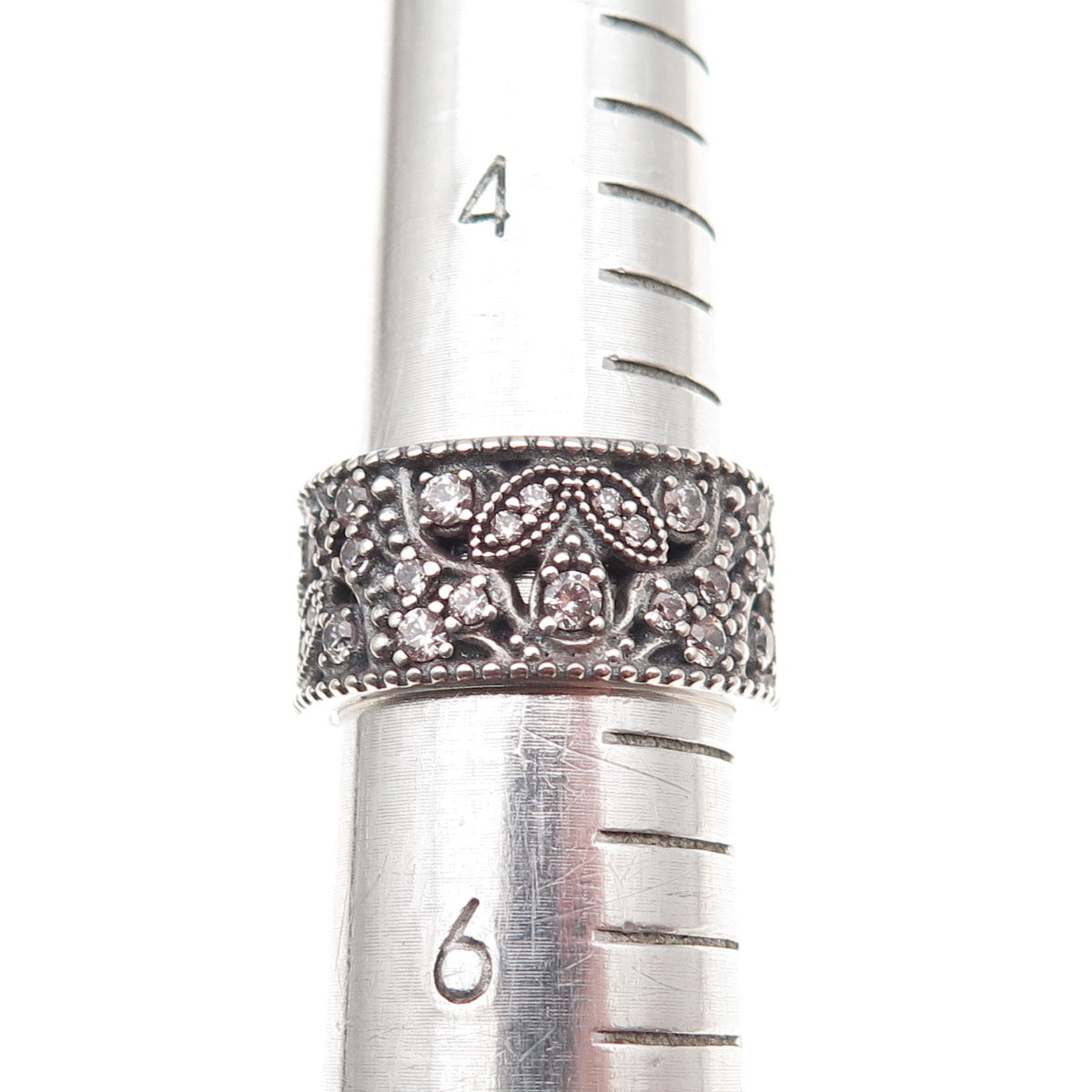 Pandora 925 Sterling Silver Round-Cut C Z Shimmering Leaves Ring Size 5.5