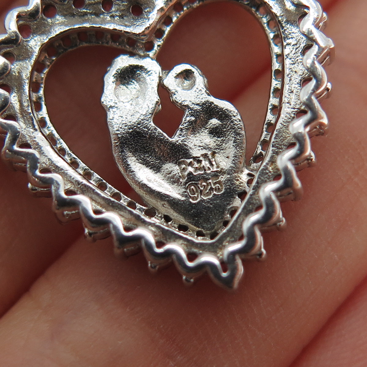 925 Sterling Silver Real Pink & White Topaz Mom Child Heart Mini Charm Pendant