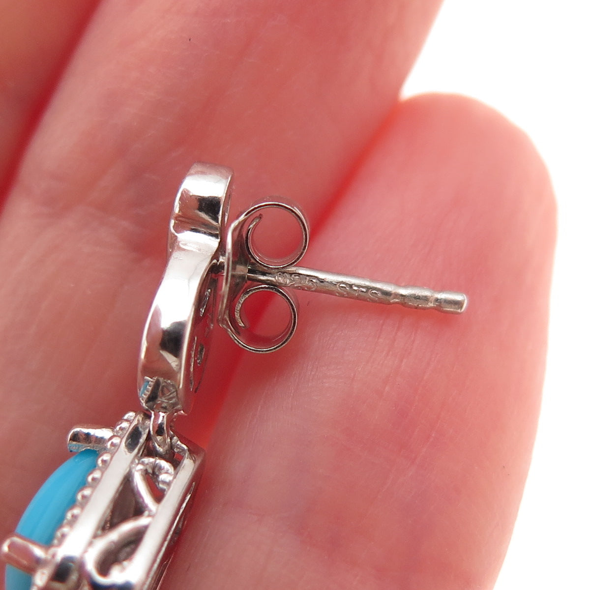 Chuck Clemency 925 Sterling Silver Real Turquoise & White Topaz Dangle Earrings