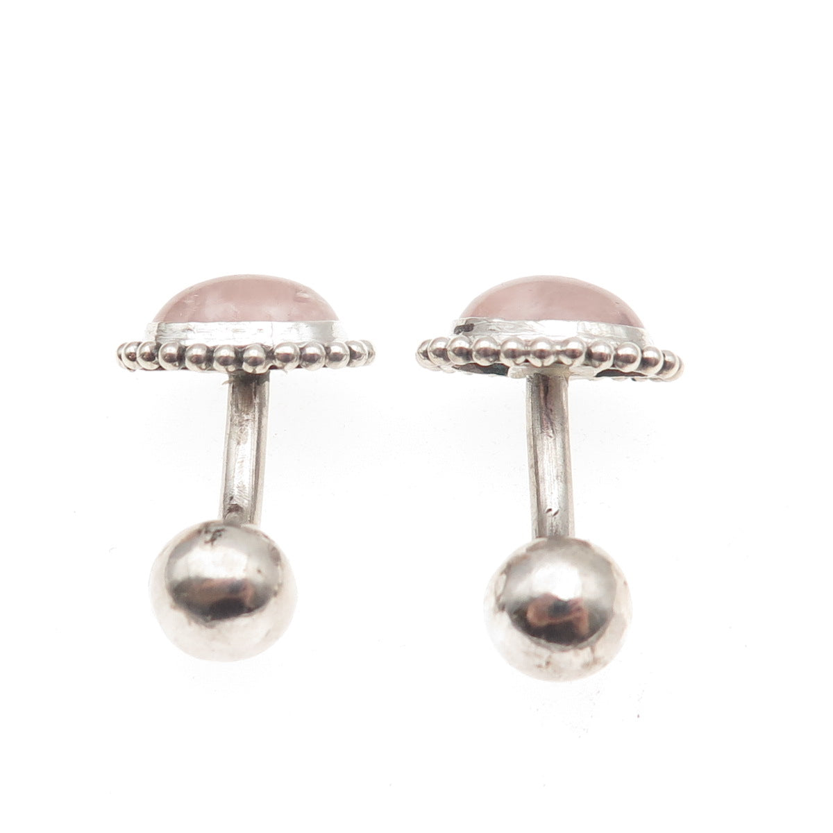 925 Sterling Silver Antique Art Deco Real Rose Quartz Beaded Cufflinks