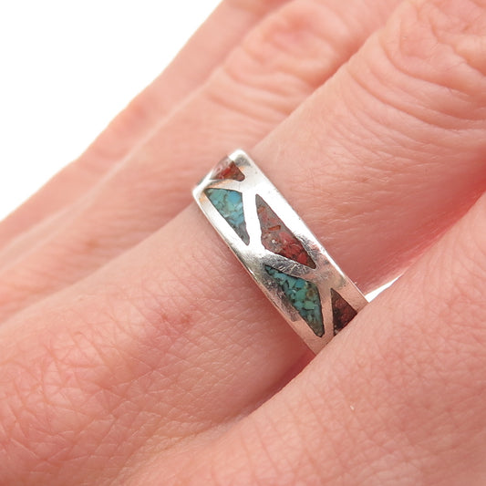 Old Pawn 925 Sterling Silver Vintage Turquoise & Coral Inlay Band Ring Size 10.5